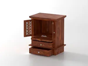 Solid Sheesham Wood Handcrafted Temple for Pooja Rooms, Living Room, Home and Office | Wooden Pooja Mandir - Natural Teak (Temple with Tray)