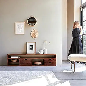 Wooden Entertainment TV Cabinet for Living Room | Solid Wood Television Stand with 3 Drawers & 4 Open Shelf Storage for Home | Sheesham, Honey