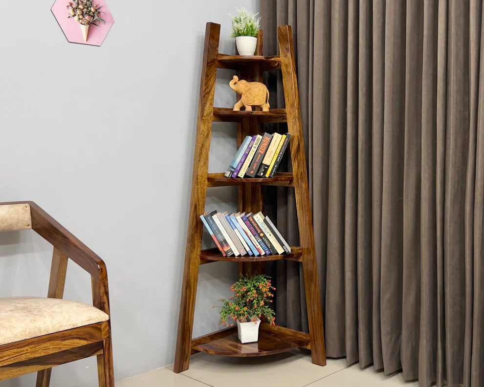 Sheesham Wood Corner Ladder Bookshelf Rack
