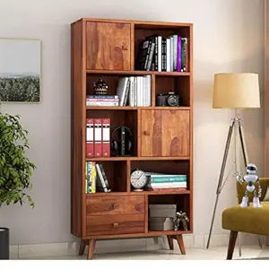 Solid Sheesham Wood Open Bookcase Shelf with 2 Drawers and 2 Cabinet Storage
