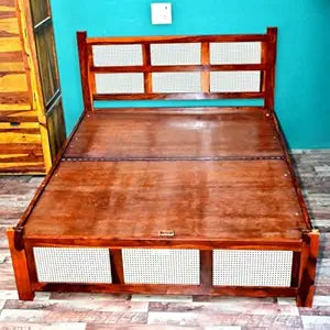 Solid Sheesham Wood Queen Size Poster Bed with Storage | Multipurpose Wooden Double Bed Cot Palang Furniture for Bedroom, Living Room, Home and Hotel (6x5 Feet, Honey Finish)