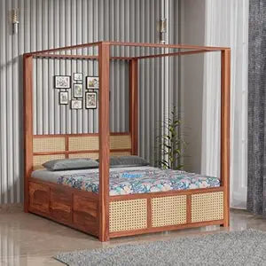 Solid Sheesham Wood King Size Poster Bed with Box Storage | Rattan Wicker Wooden Double Bed Furniture for Bedroom, Living Room & Hotel (Natural Finish)