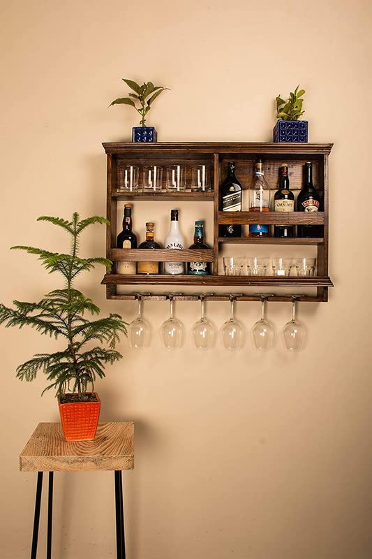 Solid Wood Wall Mounted Bar Rack with Glass Holder