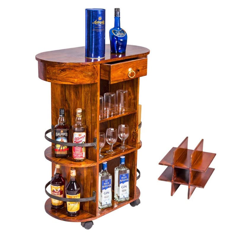Sheesham Wood Bar Cabinet Trolley with Glass Storage