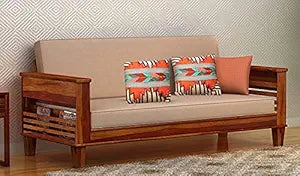 Solid Sheesham Wood Sofa Cum Bed | Multipurpose Wooden 3 Seater Sofa Cum Bed for Bedroom, Living Room, Home and Hotel (Honey Finish)