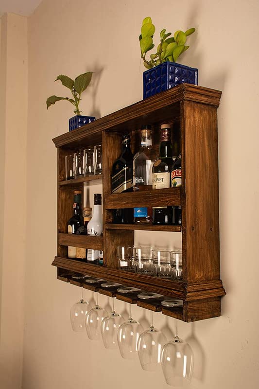 Solid Wood Wall Mounted Bar Rack with Glass Holder