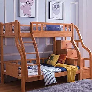 Solid Sheesham Wood Bunk Bed with Storage for Kids, Adults | Multi-Functional Wooden Twin Over Double Bed with Ladder for Bedroom, Living Room and Home (Brown Finish)