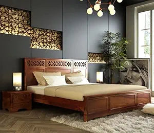 Solid Sheesham Wood Queen Size Bed Without Storage | Wooden Double Bed Cot Palang Furniture for Bedroom, Living Room, Home and Hotel (Honey Teak Finish)