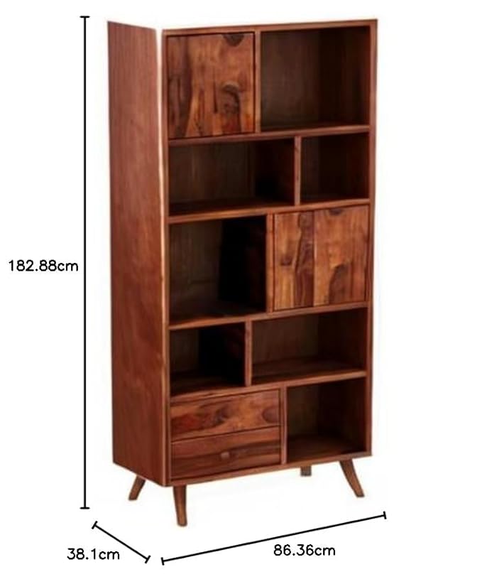 Solid Sheesham Wood Open Bookcase Shelf with 2 Drawers and 2 Cabinet Storage