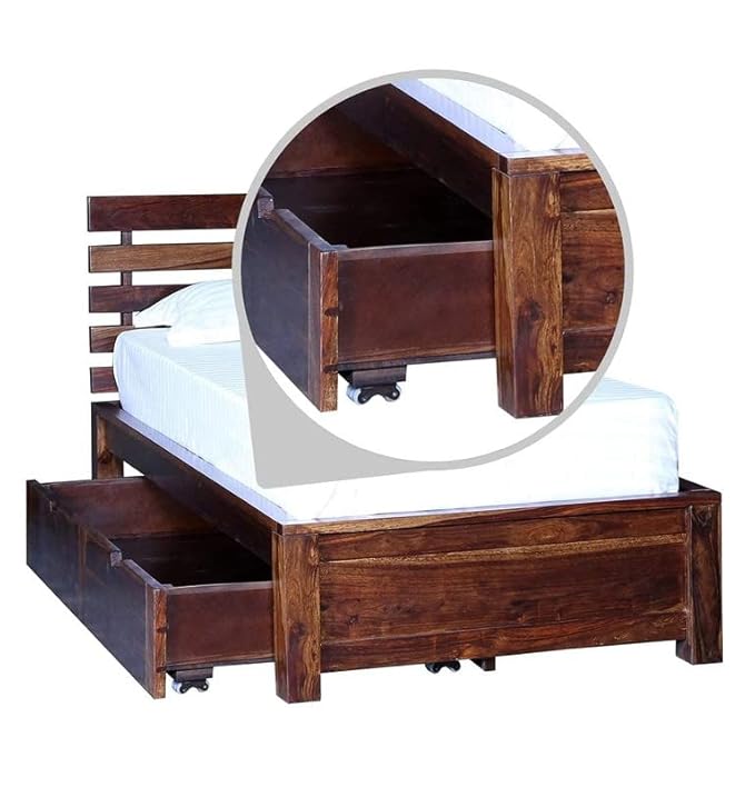 Solid Sheesham Wood Single Bed with Storage