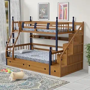 Solid Sheesham Wood Bunk Bed with Storage | Dual-Tone Full Size Wooden Bed with Stairs and Drawers | Ideal for Kids, Teens and Adults (Brown Finish)