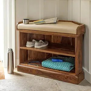 Solid Sheesham Wood Shoe Rack | Multipurpose Wooden Storage Cabinet with Comfortable Seating for Entryway Living Room, Bedroom (Honey Finish)