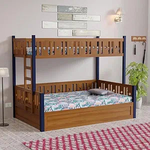 Solid Sheesham Wood Bunkbed with Storage Drawers & Staircase | 6x4 ft Lower Bed & 6x3 ft Upper Bed | Kids Teens Adults Wooden Bed with Ladder & Safety Rails (Brown & Blue)