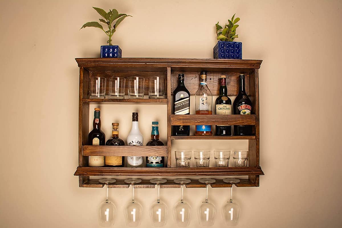 Solid Wood Wall Mounted Bar Rack with Glass Holder
