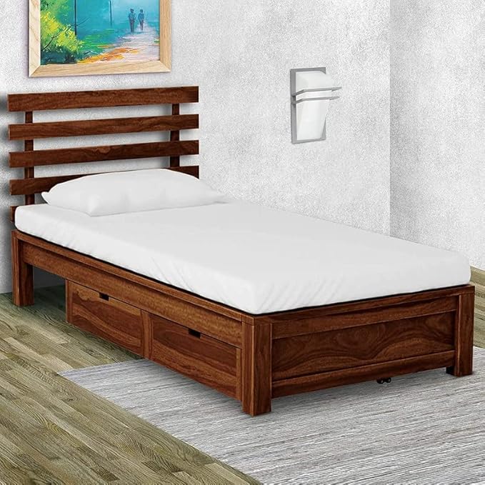 Solid Sheesham Wood Single Bed with Storage