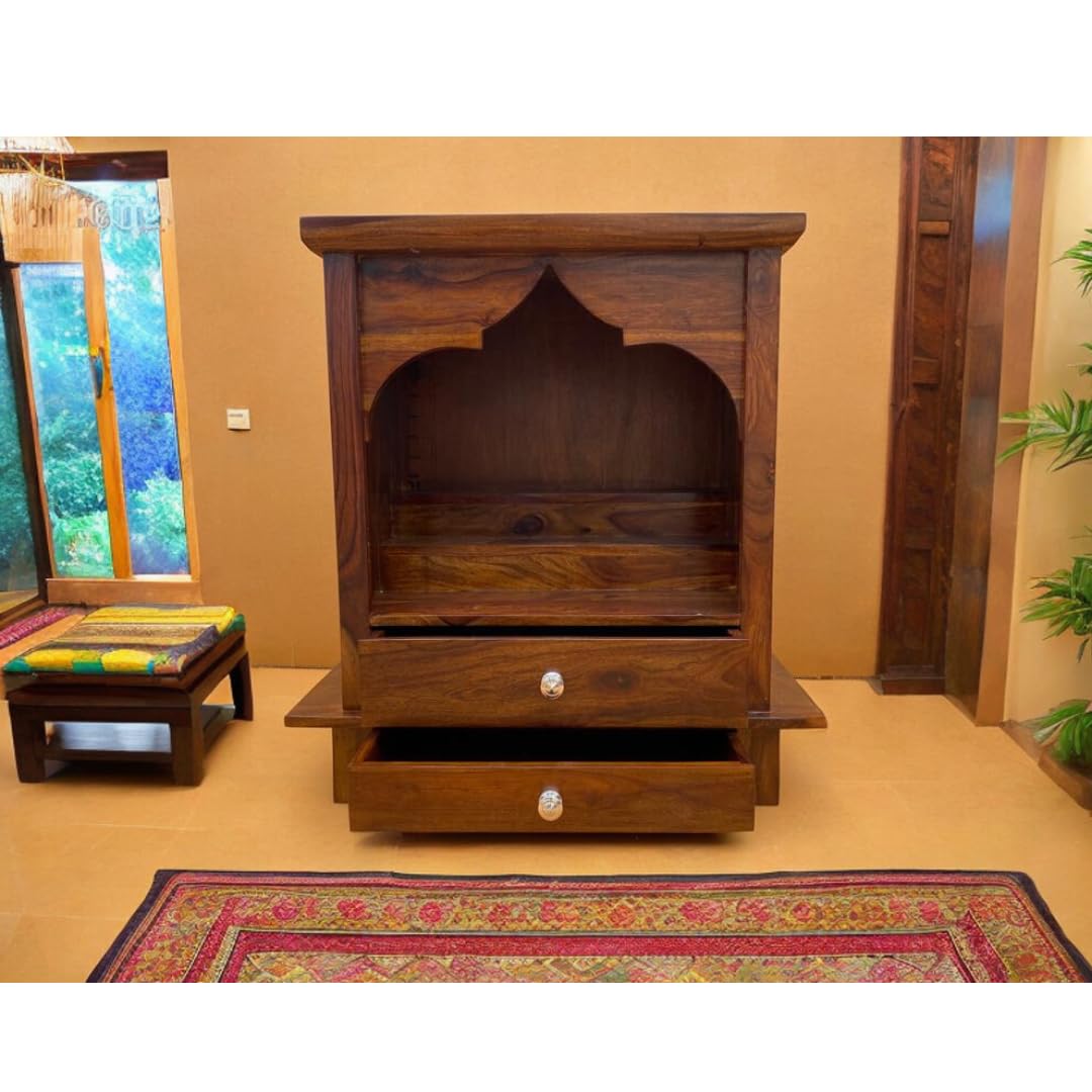 Solid Sheesham Wood Open Pooja Mandir with Drawers