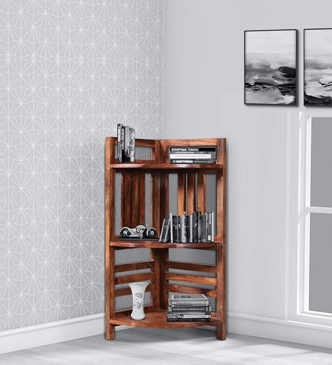 Solid Sheesham Wood Corner Open Bookcase