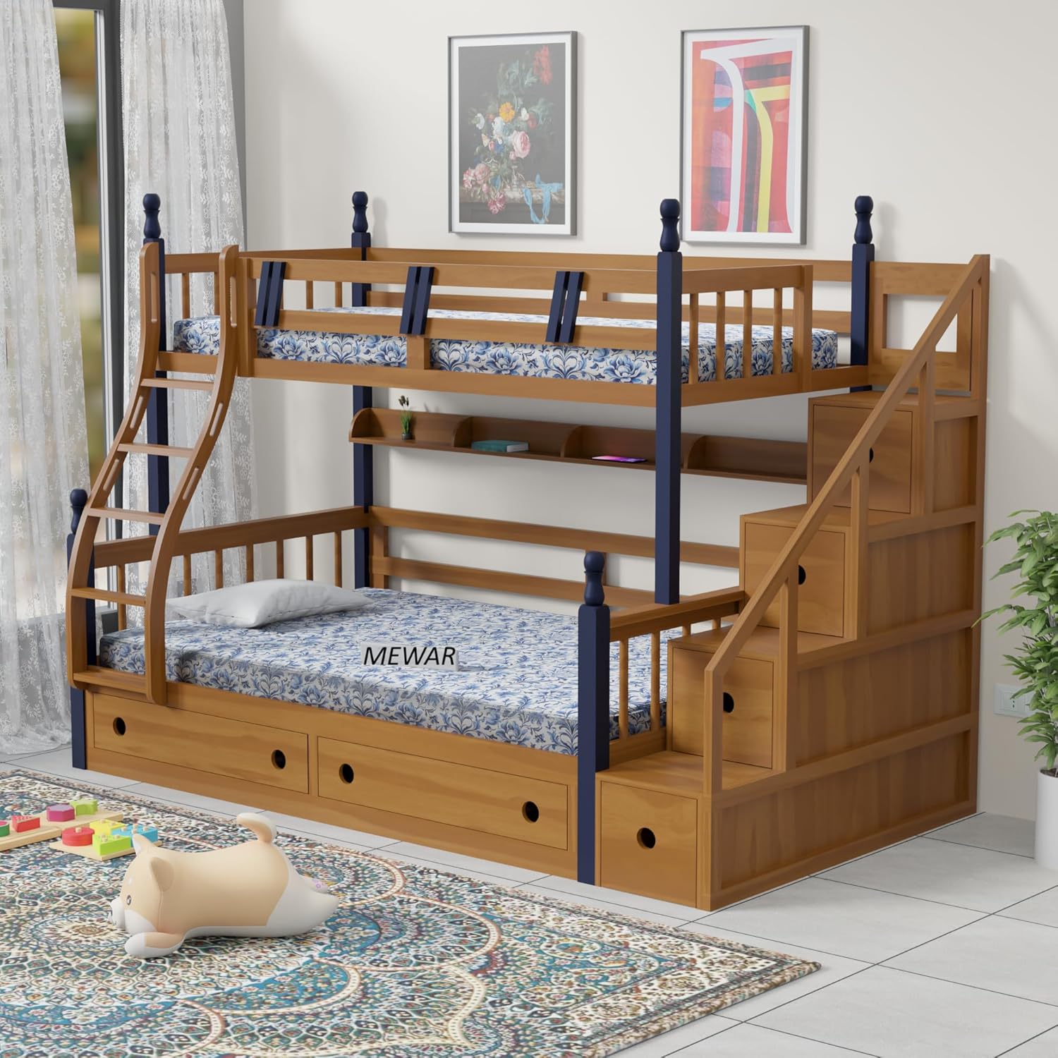 Solid Sheesham Wood Bunk Bed with Storage