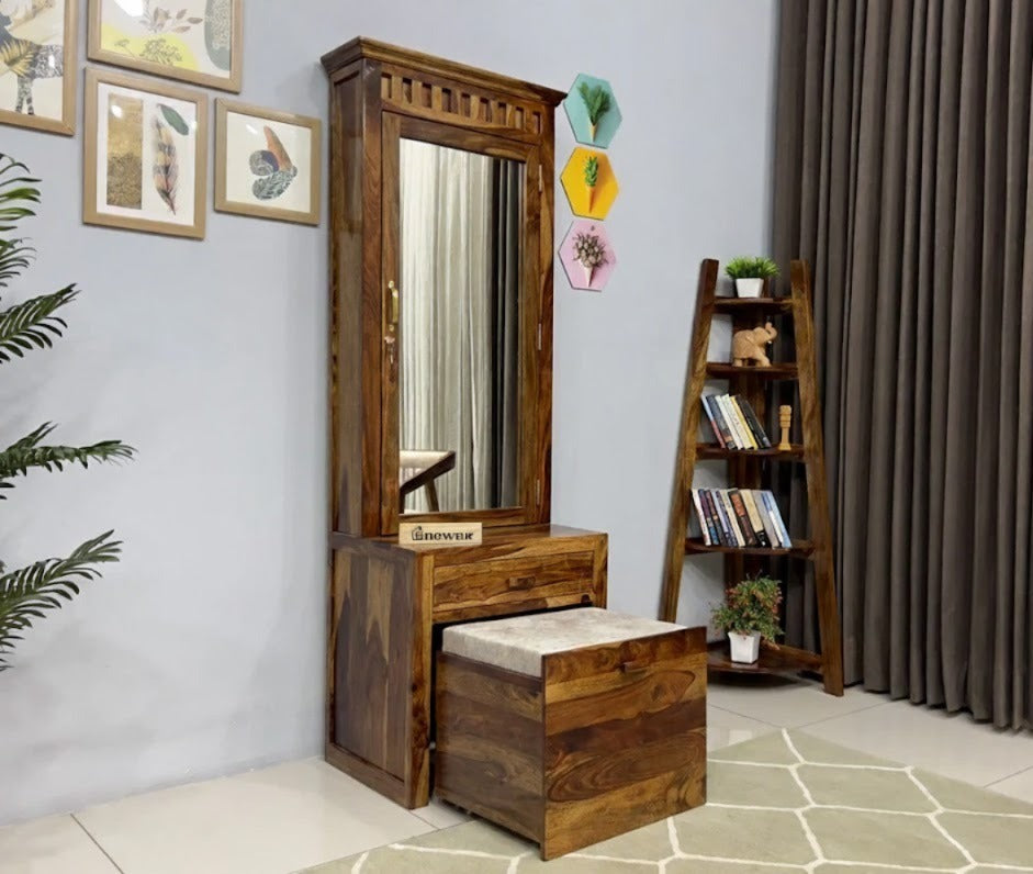 Sheesham Wood Dressing Table with Mirror & Stool