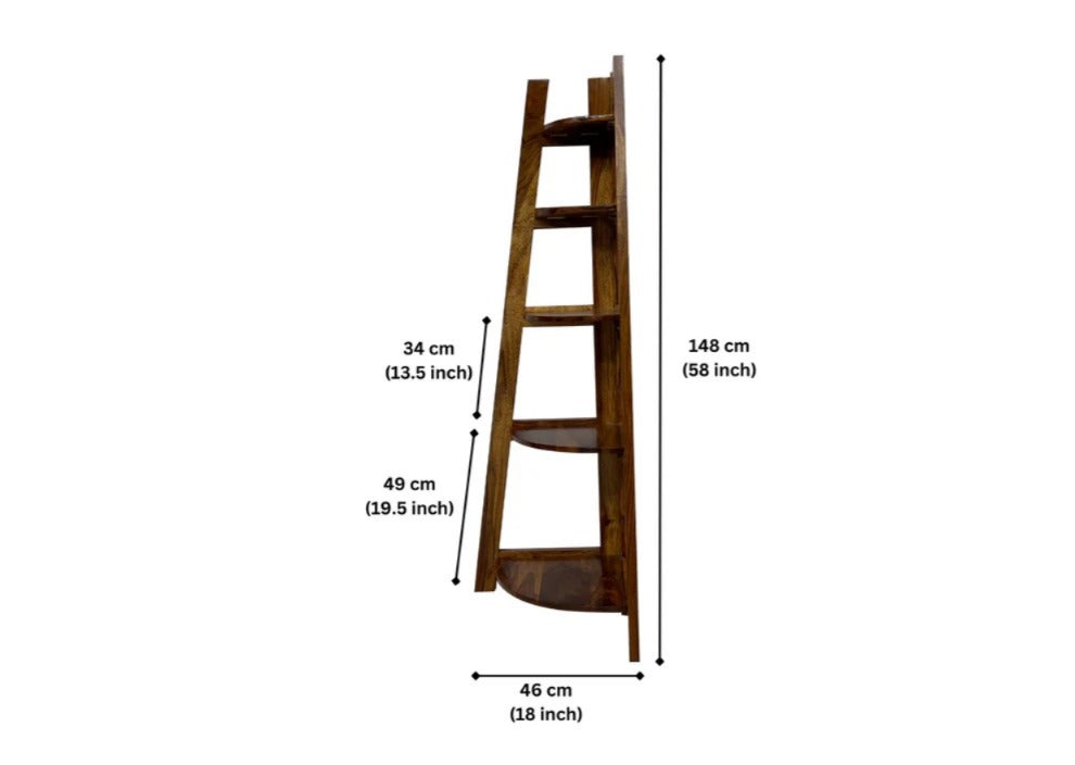 Sheesham Wood Corner Ladder Bookshelf Rack