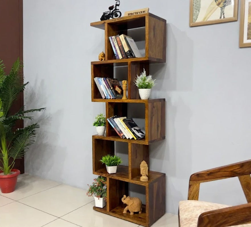 Sheesham Wood Zigzag Bookshelf Rack | 6 Open Storage Cubes