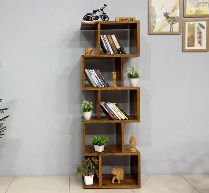 Sheesham Wood Zigzag Bookshelf Rack | 6 Open Storage Cubes