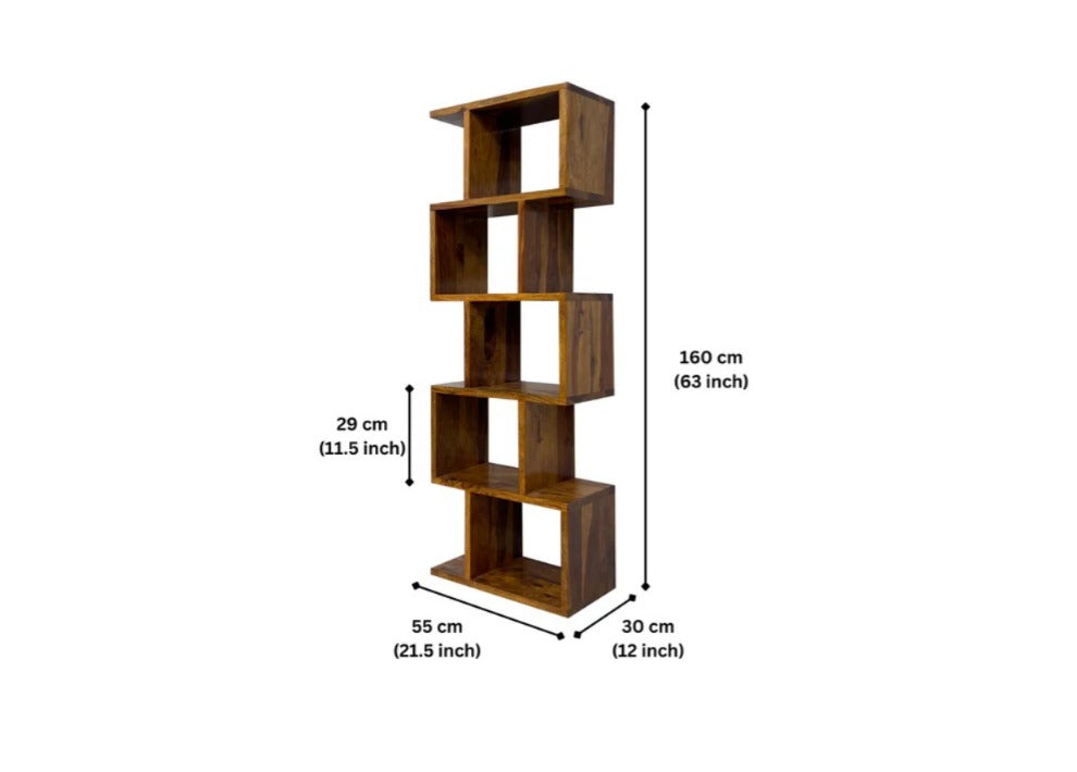 Sheesham Wood Zigzag Bookshelf Rack | 6 Open Storage Cubes