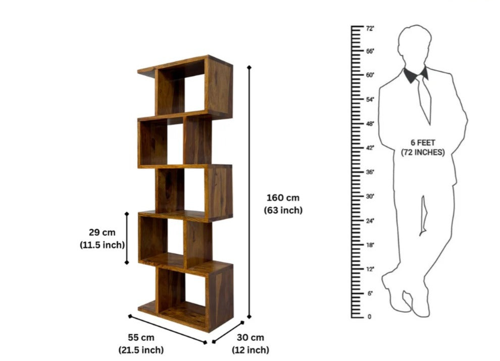 Sheesham Wood Zigzag Bookshelf Rack | 6 Open Storage Cubes