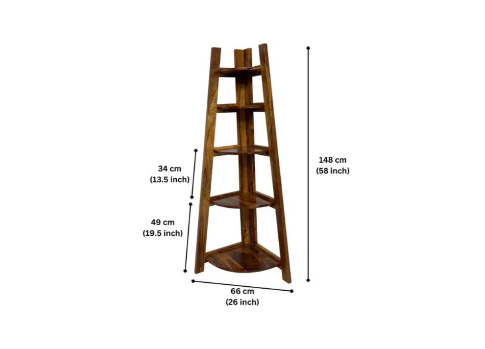 Sheesham Wood Corner Ladder Bookshelf Rack
