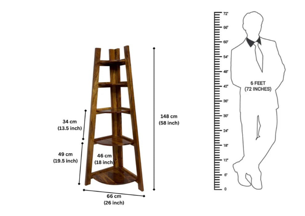 Sheesham Wood Corner Ladder Bookshelf Rack