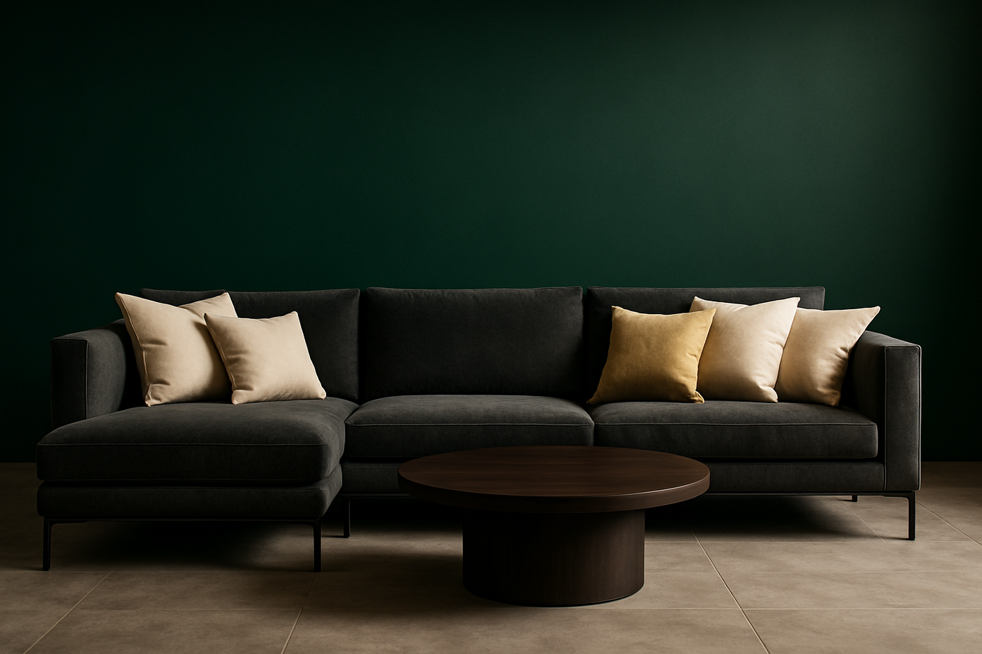 A wide-format, luxurious interior living room banner. Background wall is rich emerald green. Features a modern charcoal grey sectional sofa with black metal legs. Sofa is styled with cream and subtle gold accent pillows. A round dark wood coffee table is centered. Flooring is light grey concrete tile. Soft, warm ambient lighting. Mood is upscale and contemporary.  
550*750px
