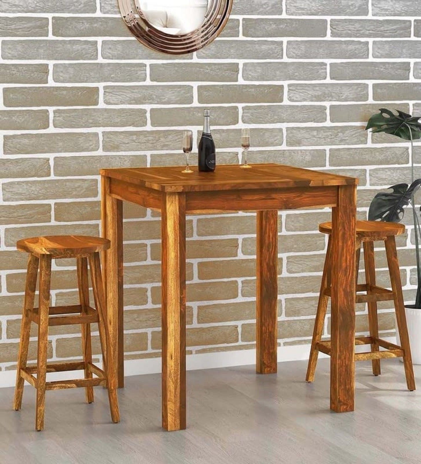 Solid Sheesham Wood Bar Table Set with 2 Stools